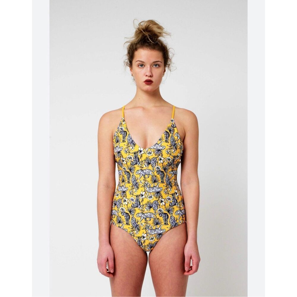 Yacht & Smith Yellow Leopard Print & Yellow Ribbed Swimsuit sz L